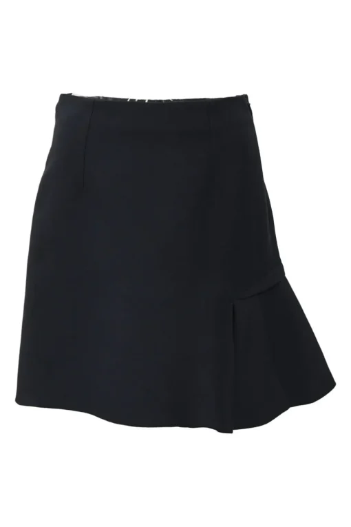 Black wool-silk blend two-piece skirt suit featuring asymmetric spread collar tailored jacket and drop-waist flounce mini skirt