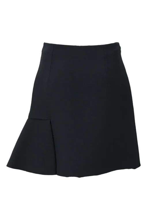 Black wool-silk blend two-piece skirt suit featuring asymmetric spread collar tailored jacket and drop-waist flounce mini skirt