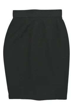 Black worsted wool pencil skirt with tonal velvet lace-up pleat detail