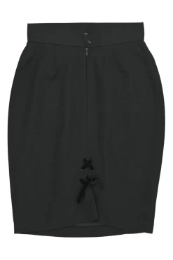 Black worsted wool pencil skirt with tonal velvet lace-up pleat detail
