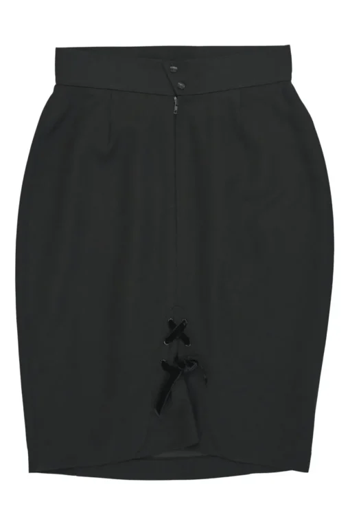 Black worsted wool pencil skirt with tonal velvet lace-up pleat detail