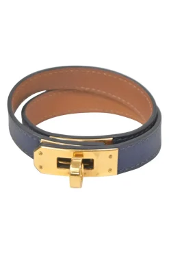 Bleu Saphir box calfskin leather Double Tour bracelet with gold-finish metallic Kelly closure
