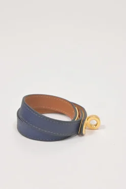 Bleu Saphir box calfskin leather Double Tour bracelet with gold-finish metallic Kelly closure