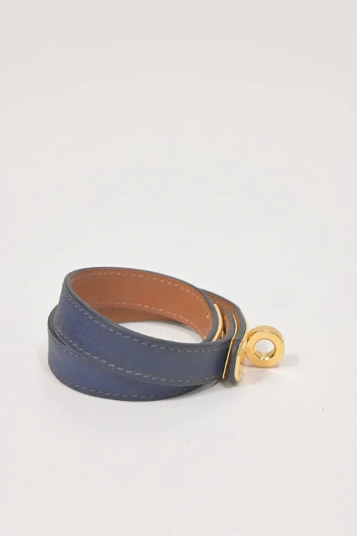 Bleu Saphir box calfskin leather Double Tour bracelet with gold-finish metallic Kelly closure