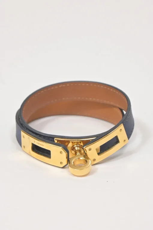 Bleu Saphir box calfskin leather Double Tour bracelet with gold-finish metallic Kelly closure
