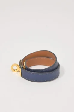 Bleu Saphir box calfskin leather Double Tour bracelet with gold-finish metallic Kelly closure
