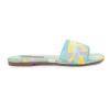 Blue abstract graphic print fabric and leather slip-on slide sandals