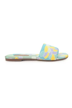 Blue abstract graphic print fabric and leather slip-on slide sandals