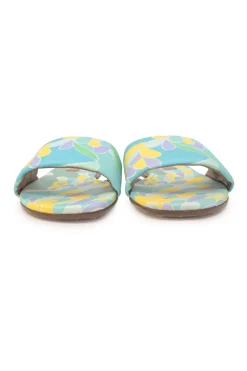 Blue abstract graphic print fabric and leather slip-on slide sandals