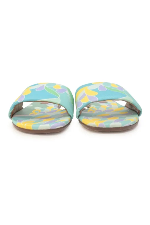 Blue abstract graphic print fabric and leather slip-on slide sandals