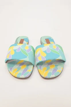 Blue abstract graphic print fabric and leather slip-on slide sandals