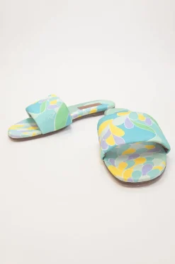Blue abstract graphic print fabric and leather slip-on slide sandals