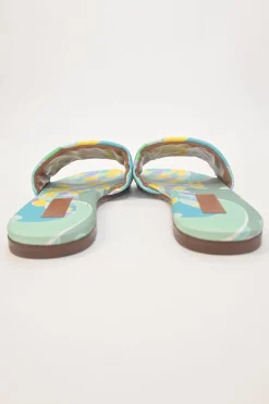 Blue abstract graphic print fabric and leather slip-on slide sandals