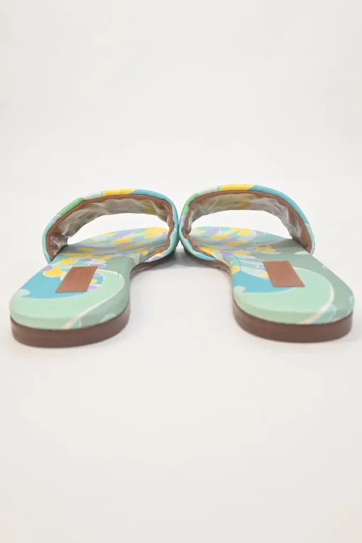 Blue abstract graphic print fabric and leather slip-on slide sandals