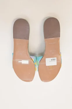 Blue abstract graphic print fabric and leather slip-on slide sandals