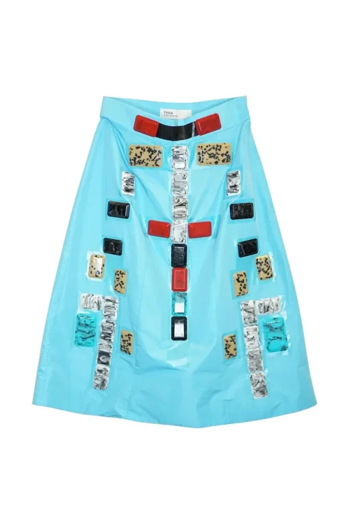 Blue acrylic gem-embellished polyester gored A-line midi skirt