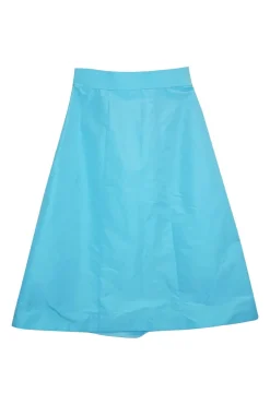 Blue acrylic gem-embellished polyester gored A-line midi skirt