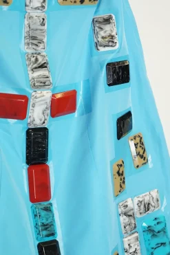 Blue acrylic gem-embellished polyester gored A-line midi skirt