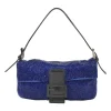 Blue and black bugle-beaded fabric and leather baguette bag
