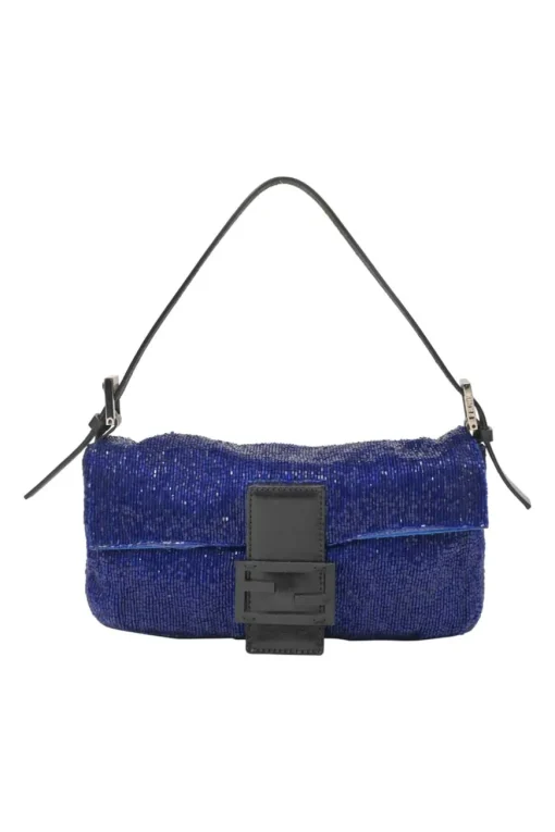 Blue and black bugle-beaded fabric and leather baguette bag