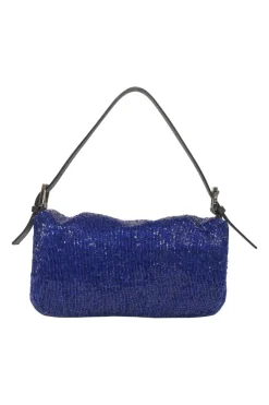 Blue and black bugle-beaded fabric and leather baguette bag