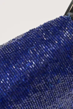 Blue and black bugle-beaded fabric and leather baguette bag