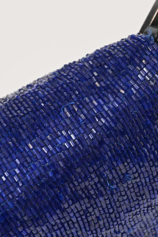 Blue and black bugle-beaded fabric and leather baguette bag