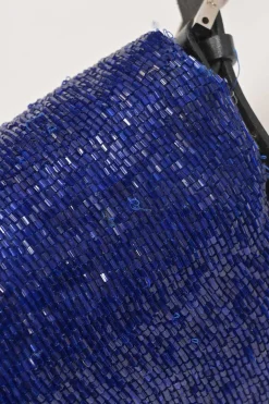 Blue and black bugle-beaded fabric and leather baguette bag
