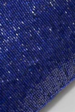 Blue and black bugle-beaded fabric and leather baguette bag