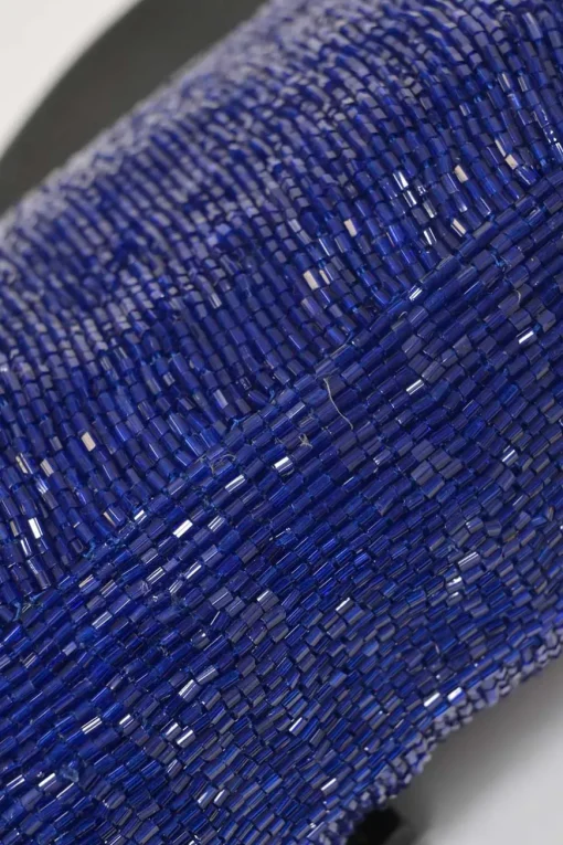 Blue and black bugle-beaded fabric and leather baguette bag