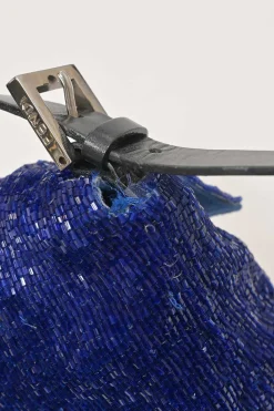 Blue and black bugle-beaded fabric and leather baguette bag