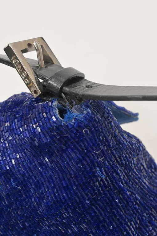 Blue and black bugle-beaded fabric and leather baguette bag