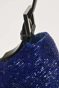Blue and black bugle-beaded fabric and leather baguette bag