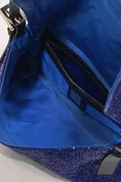 Blue and black bugle-beaded fabric and leather baguette bag