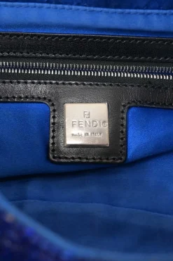 Blue and black bugle-beaded fabric and leather baguette bag