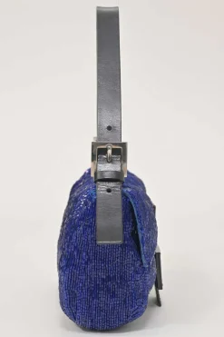 Blue and black bugle-beaded fabric and leather baguette bag