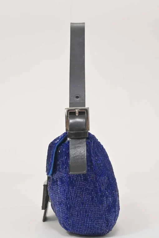 Blue and black bugle-beaded fabric and leather baguette bag