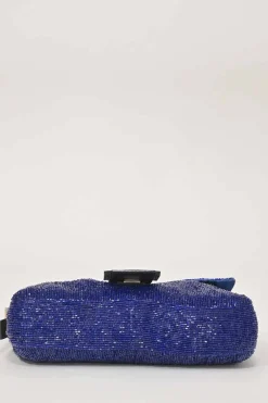Blue and black bugle-beaded fabric and leather baguette bag