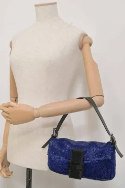 Blue and black bugle-beaded fabric and leather baguette bag