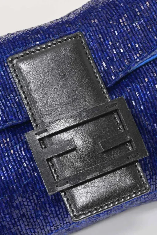 Blue and black bugle-beaded fabric and leather baguette bag