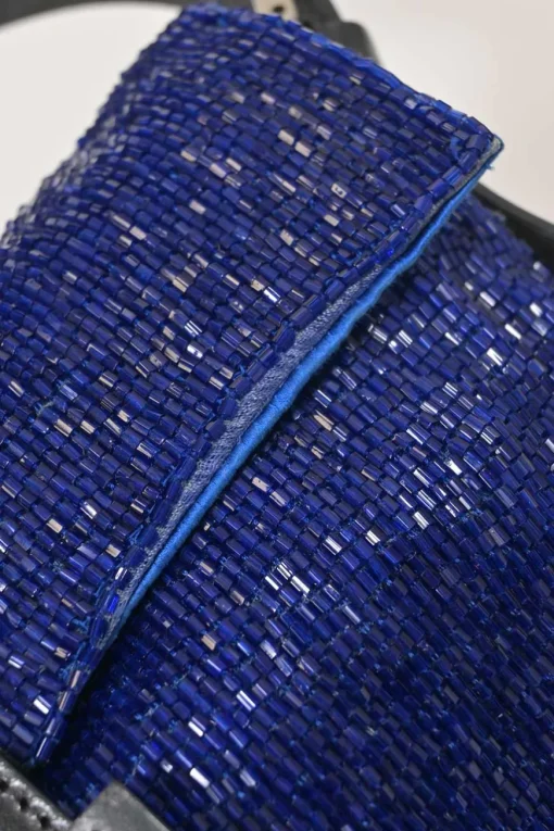 Blue and black bugle-beaded fabric and leather baguette bag