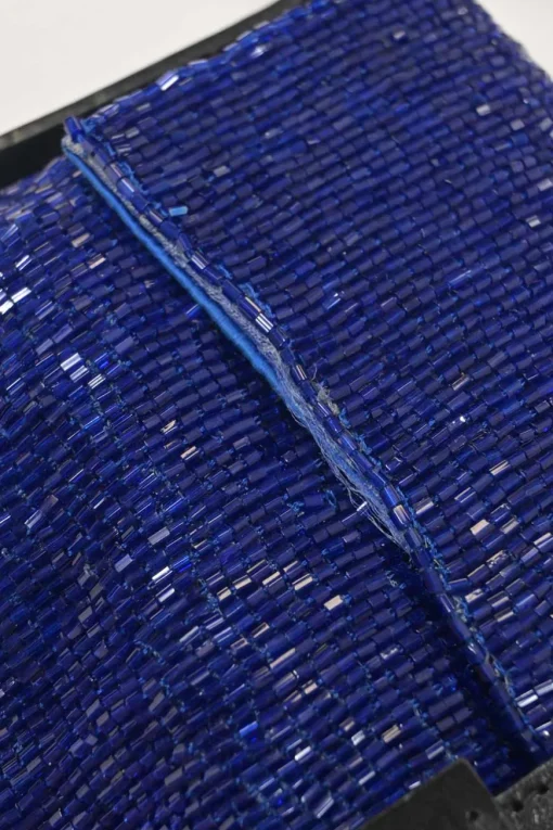 Blue and black bugle-beaded fabric and leather baguette bag