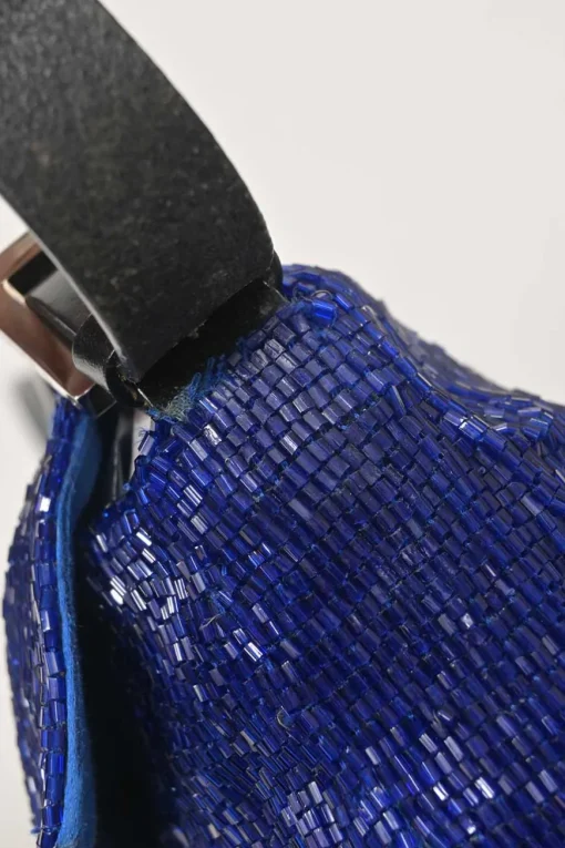 Blue and black bugle-beaded fabric and leather baguette bag