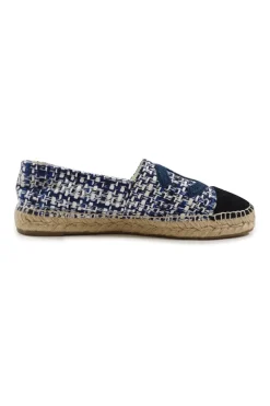 Blue and black check tweed bouclé tweed slip-on espadrilles with Coco Mark embroidered appliqué