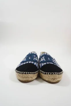 Blue and black check tweed bouclé tweed slip-on espadrilles with Coco Mark embroidered appliqué