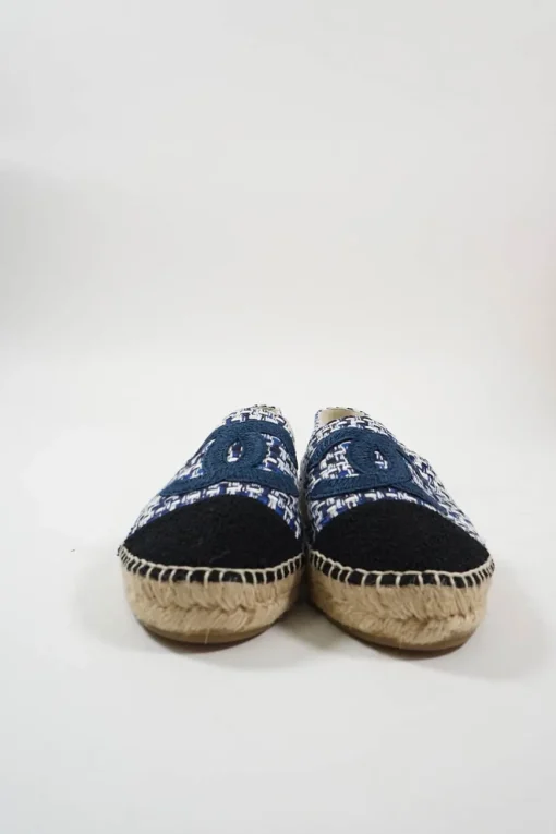 Blue and black check tweed bouclé tweed slip-on espadrilles with Coco Mark embroidered appliqué