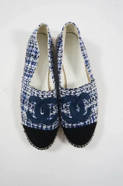 Blue and black check tweed bouclé tweed slip-on espadrilles with Coco Mark embroidered appliqué