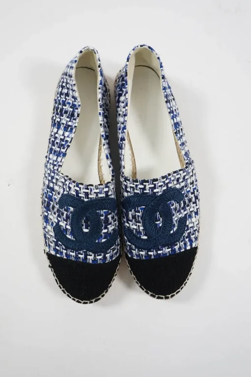 Blue and black check tweed bouclé tweed slip-on espadrilles with Coco Mark embroidered appliqué