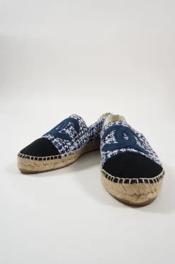 Blue and black check tweed bouclé tweed slip-on espadrilles with Coco Mark embroidered appliqué