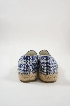 Blue and black check tweed bouclé tweed slip-on espadrilles with Coco Mark embroidered appliqué